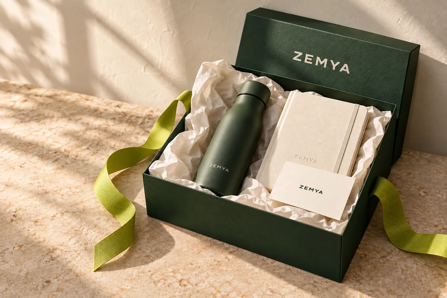 Un coffret ZEMYA vert avec une gourde, un carnet et une carte personnelle